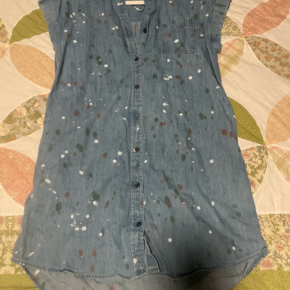 True Craft Chambray Short Sleeve Shirt Dress with Painted Marks Size S Like New